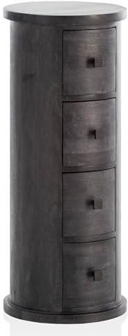 Wohnling Design Sideboard Mango Massivholz Schwarz 34x85x34 cm, Schränkchen mit 4 Schubladen, Schmaler Beistellschrank Massiv, Mini Kommode Rund
