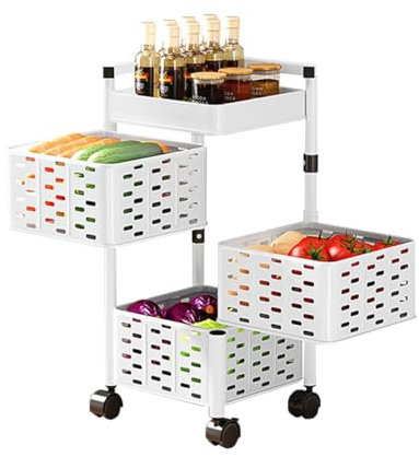 Heikoeco® Servierwagen, Küchenwagen, drehbarer Servierwagen mit Rollen aus extra Dicker Stahl, platzsparender Rollwagen, Magnetisches Design, Bad, Küche (Weiß Eckig, 3 Ebene)