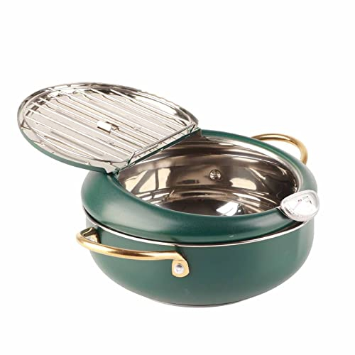Olla Freidora de Acero Inoxidable 304 con Termómetro, Mango Estilo Japonés, para Cocina de Inducción, Verde Oscuro