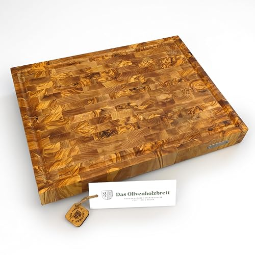 das Olivenholzbrett / Esclusivo tagliere a mosaico in legno d'ulivo, con scanalatura in legno di ulivo, legno massiccio/rettangolare (40 cm x 30 cm x 4,5 cm), SB073