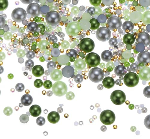 PATIKIL 30g Pearls and Rhinestones, 3-10mm Mix Flatback Rhinestones and Half Pearls Resin Rhinestone for Shoe Hair Nail Crafts Tumbler, Green Grey