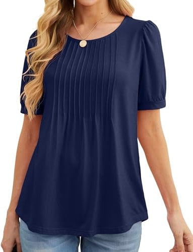 GRECERELLE Womens Summer Tops Casual Dressy Soft Short Sleeve Tunic Front Pleated Spring Crew Neck Tees T-Shirts Loose Blouse for Ladies (Navy Blue, XL)