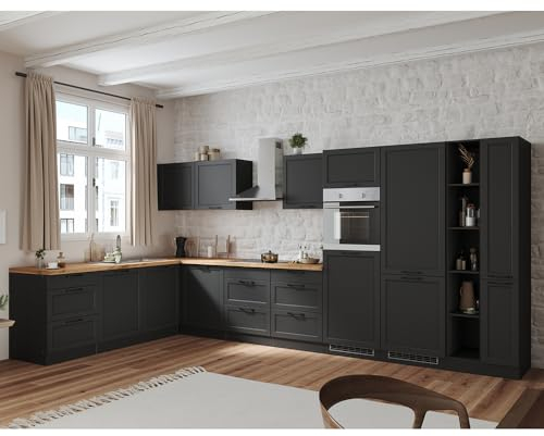 Lomadox Winkelküche Küche Einbauküche Küchenzeile L-Form 420/240 cm mit E-Geräten in grau, Arbeitsplatte in Eiche, inkl. Dunstabzugshaube, Herd, Backofen, Geschirrspüler, Kühlgefrierkombi
