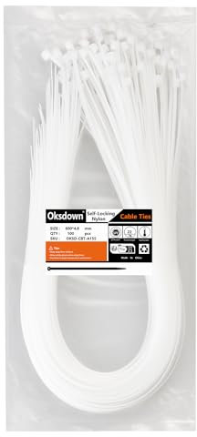 Oksdown 100 Pezzi 600mm x 4.8mm Bianco Nylon Fascette Plastica Bianche Fascette Elettricista per Gestione dei Cavi Elettrici Giardinaggio