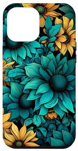 iPhone 12 Pro Max Teal Blue Sunflower Design Simple Flower Case