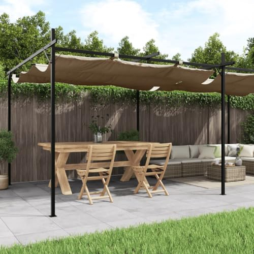 Home Items, Pergola mit einziehbarem Dach, Taupe, 589 x 292 x 230 cm, Anzugmöbel