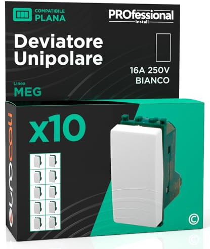 Deviatore Unipolare di Corrente 16A 250V Compatibile con Vimar Plana a Incasso da Muro Frutti Elettrici Colore Bianco - Confezione da 10