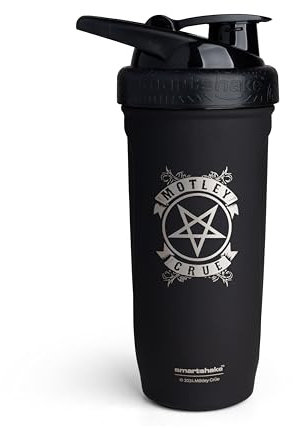 Smartshake Rockband Reforce - Botella agitadora de proteínas de acero inoxidable, 700 ml, tapón de rosca a prueba de fugas, sin BPA, sin aislamiento, unisex, logotipo de Mötley Crüe en la botella