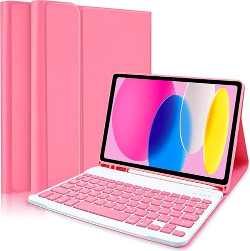 Keyboard Case for iPad A16 11th Generation 2025/10th Generation 10.9 2022,Premium Leather Folio Cover with Pencil Holder,Multi-Angle Detachable Bluetooth Keyboard Case for iPad 10/11 Generation,Pink