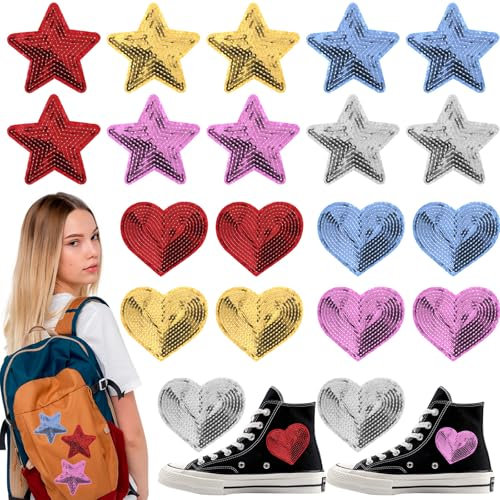 Mabor 20Pcs Sequin Star Heart Iron on Patches Bling Star Patches for Clothing Glitter Iron on Patches for Clothes Embroidered Patches for Bags Jackets Jeans Hats DIY Crafts Accessory