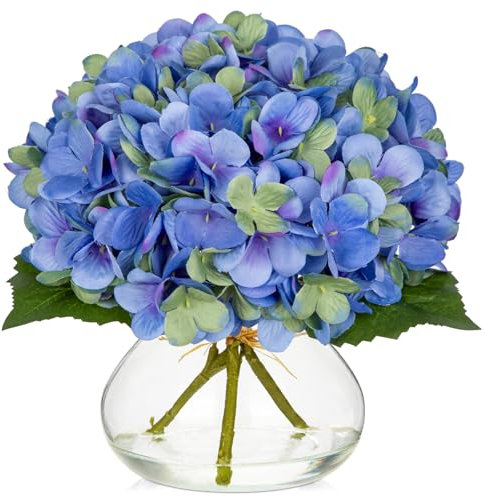 Oairse Hydrangea Artificial Flowers with Glass Vase Blue Silk Faux Flowers Arrangements in Vase with Faux Water Fake Floral Bulk Bouquet for Home Wedding Decor Table Centerpiece Decorations