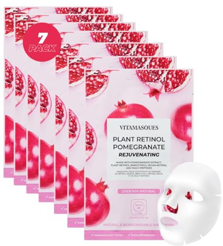 Vitamasques Retinol Pomegranate Sheet Face Masks Multipack – 7 Pack Hydrating Face Mask Skincare with Plant Retinol (Bakuchiol), Pomegranate & Peptides, Vegan Korean Formula