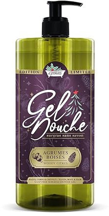Gel Douche Surgras Agrumes Boisés 1L Les Petits Bains de Provence - Édition Limitée Noël, Sans Savon, 96% Ingrédients Naturels, Corps et Cheveux