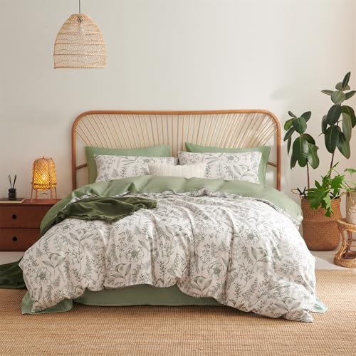 Freyamy Grün Blumen Bettwäsche 200x220,Grün Floral Weiß Bettwäsche-Sets 3tlg,Botanisch Aesthetic Weich Wende Bettwäsche Gewaschene Mikrofaser Bettbezug mit Reißverschluss und 2 Kissenbezüge 80x80cm