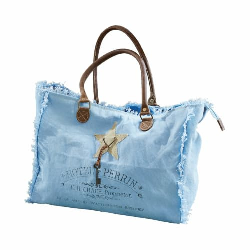 Loberon Tasche Elora, blau | Stern-Applikation und Zierschlüssel, Vintage-Print, Handarbeit, Accessoire, Henkeltasche, Baumwolle, Rindsleder