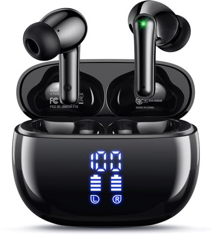 HUIFU Auricolari senza fili, cuffie Bluetooth 40 ore di riproduzione, display a LED, bassi profondi, stereo, con impermeabilità IPX7, per iPhone, Android, telefono, tablet, laptop, nero