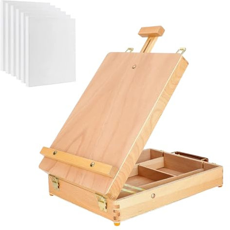 Trintion Table Easel Box Art Supplies Easel Box Wooden Adjustable Foldable Desktop Sketch Portable Art Painting Storage Box (Table Easel Box+ 6PCS Blank Canvas)