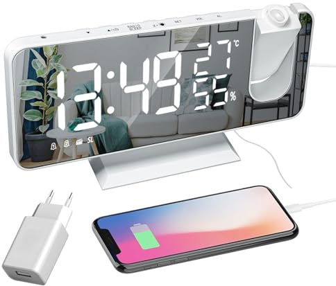 Lancoon Projektionswecker Digitaluhr mit Ladeanschluss Radio Snooze Dimmer | Großbildanzeige 180° Projektor, Inklusive Adapter