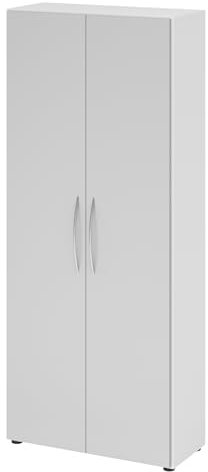 bümö Mehrzweckschrank 80cm breit, Aktenschrank o. Schuhschrank hoch, Schrank mit Regal, Küchenschrank in Weiß/Grau aus Holz, Vorratsschrank & Haushaltsschrank mit Metallgriffen