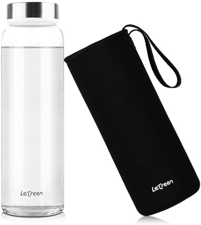 LETREEN Borraccia Vetro 1 Litro, Borraccia in Vetro Borosilicato con Custodia in Neoprene, senza BPA, a Prova di Perdite, Riutilizzabile per Bevande Calde e Fredde, Lavoro, Palestra, Casa