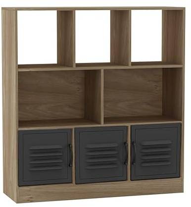 URBNLIVING Oak 8 Cube Asymmetrical Bookcase – Freestanding Storage Cabinet with 3 Doors - Metal Doors - Black