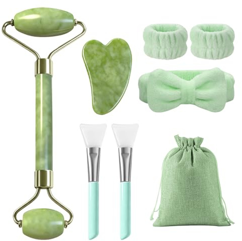 flintronic Kit de Gua Sha 8 Pièces, Gua Sha Visage et Rouleau de Jade, Coffret de Massage et Guasha Visage & Corps, Raffermir la Peau, Réduire le Gonflement, Massager le Corps, Circulation Sanguine