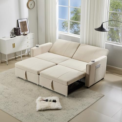 Su & Chan Legence Pull Out Sofa Bed 3 in 1, Convertible 3 Seater Sofa Bed with Adjustable Backrest, Cup Holders and Storage Pockets, Space Saving Couch Chaise Lounge, 207cm, Beige