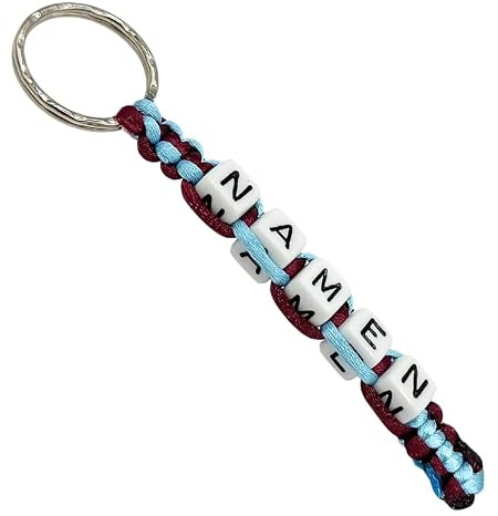 Schlüsselanhänger/Taschenbaumler mit ihren WUNSCHNAMEN gestrickt geflochten  für TRABZONSPOR Fan  SKYBLAU BORDEAUXROT/Unisex/Personalisiert/HANDMADE