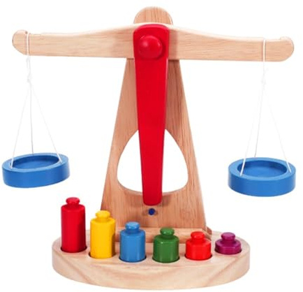 Joygoodta Wooden Balance Scale Toy, Math Learning Weighing Scale Kid Educational Tools with 6 Weights