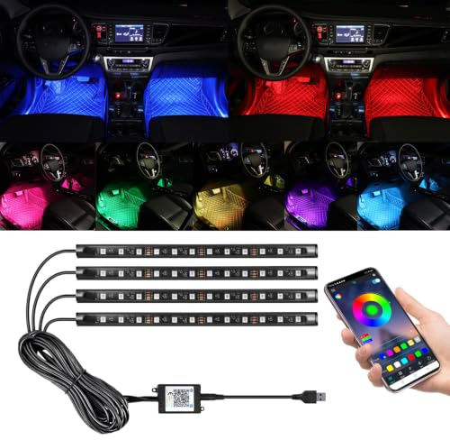 4 Stück Auto Innenleuchten, USB Leuchten für Auto mit App-Kontrolle | Mehrfarbig, Musik Sync & DIY-Lichtmodus, RGB Ambientebeleuchtung Set für Fahrzeuginnenraum