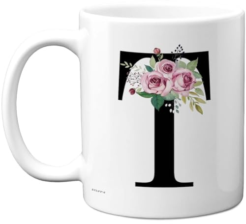 Stuff4 Personalised Initial Mug, Elegant Floral Monogram T with Pink Roses | Thoughtful Gift for Her, 11oz Ceramic Gloss Mug