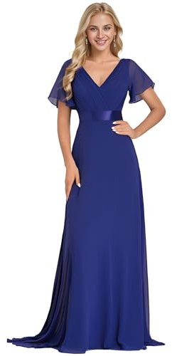 Ever-Pretty A-línea Vestido de Fiesta Cuello en V Manga Corta Gasa Corte Imperio para Mujer Azul Zafiro 44