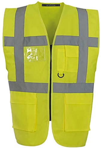 Executive Hi Viz Vis Vest High Visibility Zip Vests 2 Band Reflective Security Work Contractor Safety Mobile Phone Pocket ID Holder Workwear Waistcoat Jacket Top Size (HV330 Yellow, 3XL)