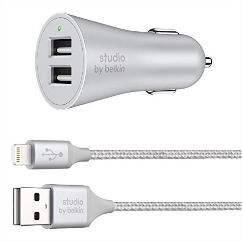 Belkin Studio 4.8A 24W 2 Port Car Charger with 1.5 Metre Braided Charge Sync Lightning Cable for iPhone iPad (Silver)