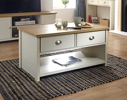 GFW Lancaster Coffee Table With Drawers For Living Room, Storage Coffee Tables With 2 Drawers & Undershelf Display, Living Room Home Furniture Wood Table, Cream, W99 x H50 x D55 cm