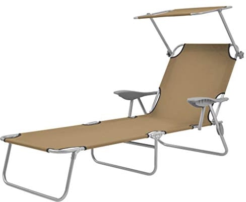 Festnight Sonnenliege Klappbar Gartenliege mit Dach | Klappliege mit Armlehnen | Liegestuhl Verstellbar Rückenlehne | Max. bis 120kg Stahl & Oxford-Stoff 58 x 189 x 27 cm Taupe