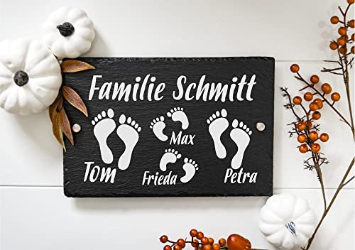 Haus-Türschild personalisiert aus Schiefer, Hausschild Familie mit Gravur Füße, Türschild mit Namen, Hausschild individuelle mit Namen