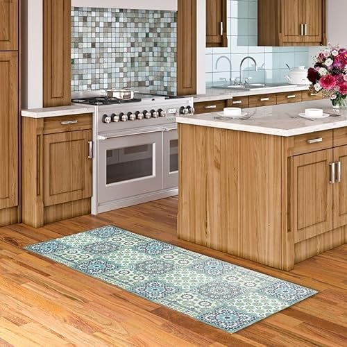 Pergamon Vinyl Teppich Küchenläufer Evora Mosaik Fliesenoptik Türkis in 2 Größen