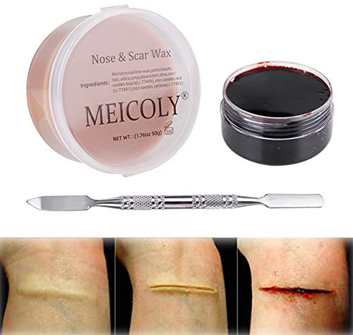 Meicoly Make-up Haut Wachs Spezialeffekte Halloween Set Bühne Fake Wunde Narben Formnarben Wachs mit Spatel, Gerinnungsblut-Gel, 01