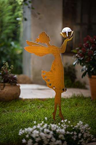 Dekoleidenschaft Solar LED Gartenstecker Fee mit Glaskugel aus Metall in Rost-Optik, 66 cm hoch, Outdoor Dekostecker, Garten-Deko für Draußen