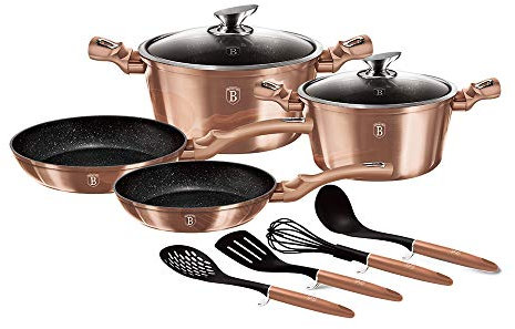 Juego de 10 utensilios de cocina antiadherentes de aluminio colorido para cocina, utensilios de cocina para el hogar (juego de oro rosa)