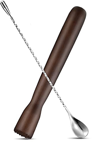 Patelai Wooden Cocktail Muddler and Stainless Steel Bar Spoon, Brown
