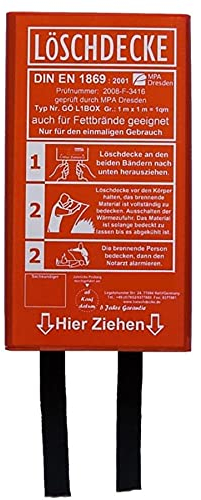 Löschdecke 100x100cm,Brandschutz Decke nach DIN EN 1869:2001 MPA geprüft, Glasfaser Branddecke in Rotem Etui,Feuerdecke für Küche, Zuhause, Camping