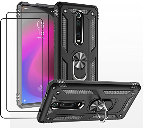 JOYTAG Hülle für Xiaomi Mi 9T/MI 9T Pro Hülle，handyHülle+ Gehärtetes Glas Schutzfolie [2 Stück] Silikon TPU 360 Grad Drehring aus Halter magnetisch Autotelefon case-Schwarz