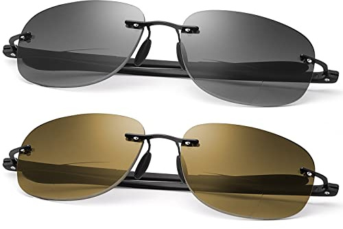 MIRYEA 2 Pairs Rimless Bifocal Reading Glasses UV Protection Sunglasses Anti Blue Light Blocking Sun Readers for Men Women