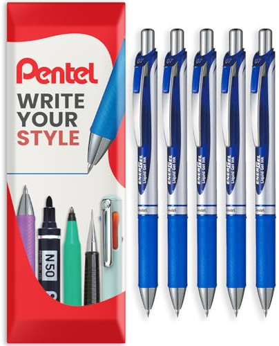 Pentel EnerGel XM BL77 – einziehbarer Flüssiggelschreiber – 0,7 mm – 54 % recycelt – Blau – Kissenpackung mit 5 Stück