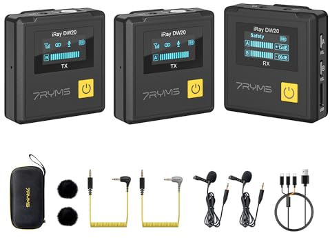 7RYMS iRay DW20 Wireless Lavalier Microphone, Noise Cancellation, Safety Audio Track, 328' Range, Wireless Lapel Microphone for Camera, iPhone, Android, PC, YouTube, Interviews, Vlogs, Live-Streaming