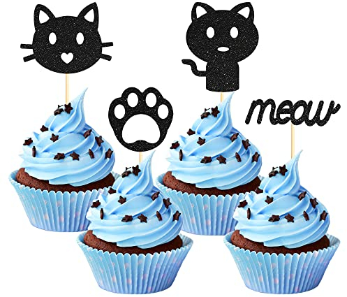 Sotpot, 24 decorazioni per cupcake a tema gatto, colore nero glitterato con faccia e zampe, per feste di compleanno a tema gattino