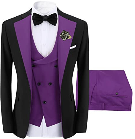 Sliktaa Hommes 3 Pièces Costume Un Bouton Slim Fit Formelle Mariage Dîner Costume Blazer Gilet et Pantalon Multicolore,Violet,S