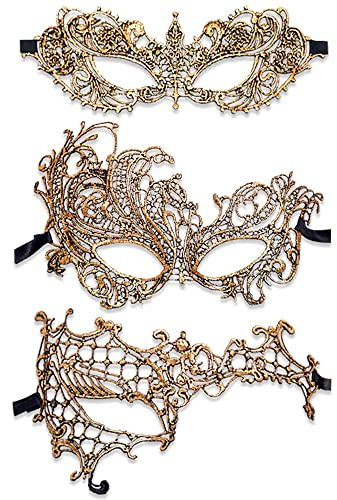 Maigendoo 3 Stück Spitze Maskerade Masken Karneval Maske Männer Frauen Venezianische Masken Abschlussball Augenmaske Set Kostüm Party Supplies für Karneval Halloween Jubiläum Festival Ball, Gold